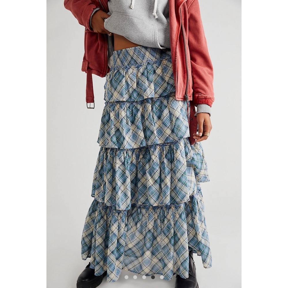 Free People Blue Plaid Tiered Maxi Skirt
